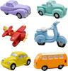 Pinenjoy 6-Piece Miniature Car Figurines, Showa-Era Car Figurines, Miniature Figures with Motorcycle, Car, Airplane, Truck, and Bus, Vehicle Toys,