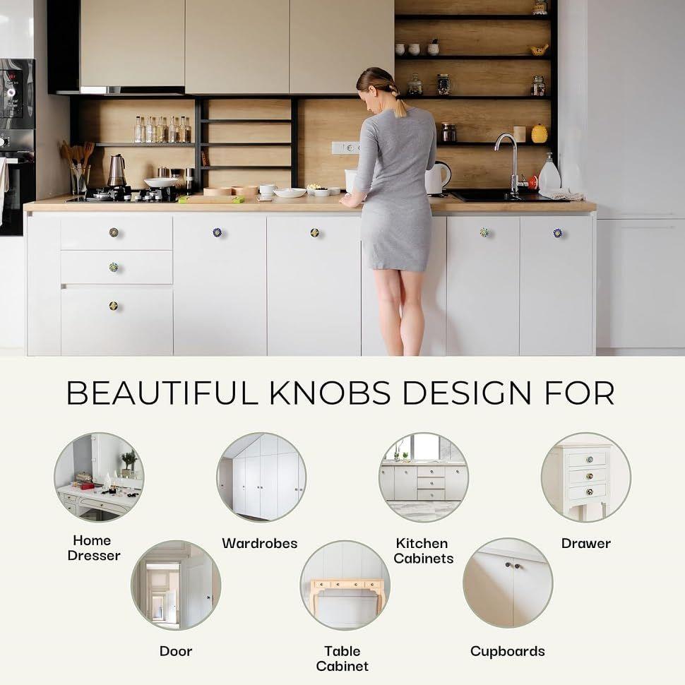 Vintage Assorted Colourful Pottery Drawer Handle Door Knobs and Pulls for Kitchen Cabinets, Wardrobe and Cupboards - Pack of 10