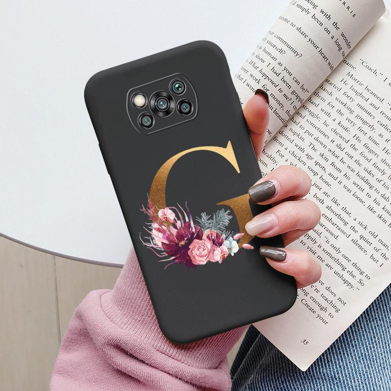 Letter Case For Poco X3 NFC PocoX3 Pro Back Cover Retro Flowers Pink Black Soft TPU Initial Fundas For Xiaomi Poco X 3 Pro Coque