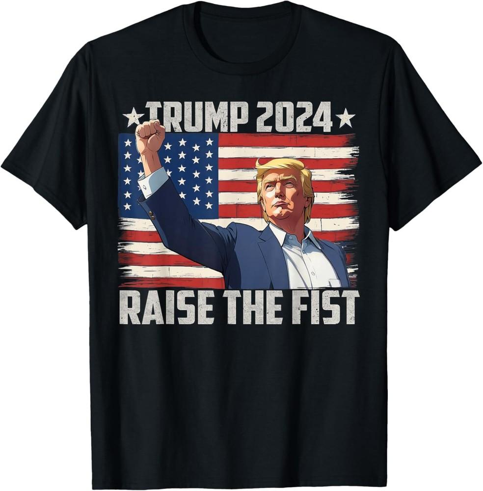 

American flag Trump 2024 Elections Men Women Raise the Fist T-Shirt Unisex T-Shirt XXL