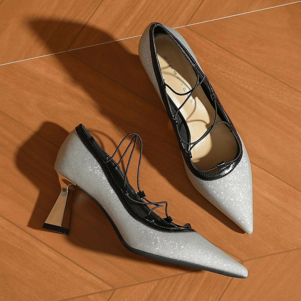75339 [sheepskin] High Heels Women's Stilettos Summer 2025 New French Pointed Strap Splicing Single Shoes