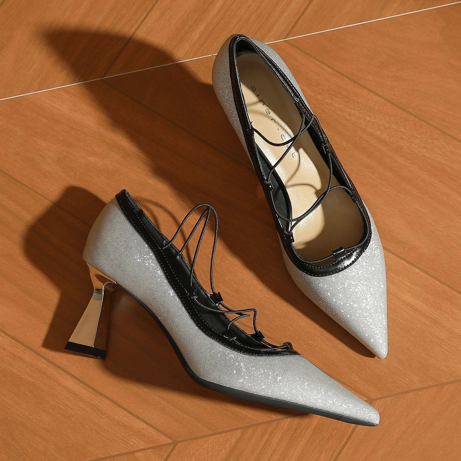 

75339 [sheepskin] high heels women s stilettos summer 2025 new French pointed strap splicing single shoes 39