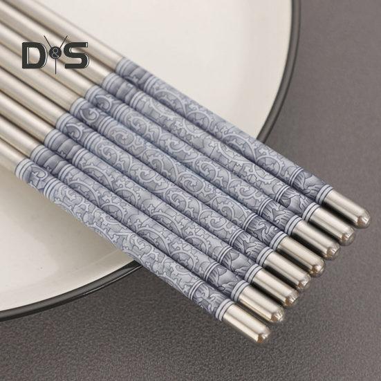 Rostfritt stål 5 par matpinnar porslinsmönster Anti-halk Snygga pinnar för kinesisk mat