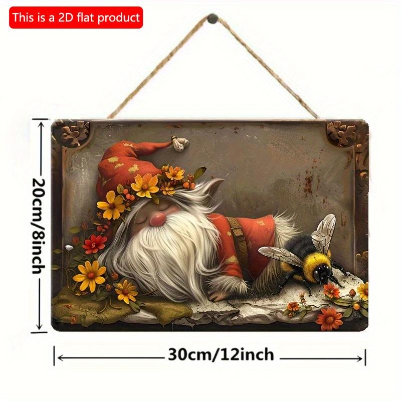 2D Flat Wooden Sign 30*20cm Wooden Wall Yard Decorative Sign, Vintage Gnome and Bee Design, Versatile Wall Hanging Decor Wooden Plaque