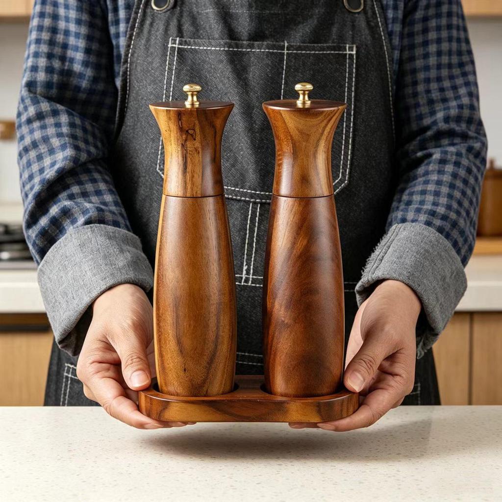 Acacia Wood Pepper and Sea Salt Grinder for Steaks and Western Cuisine