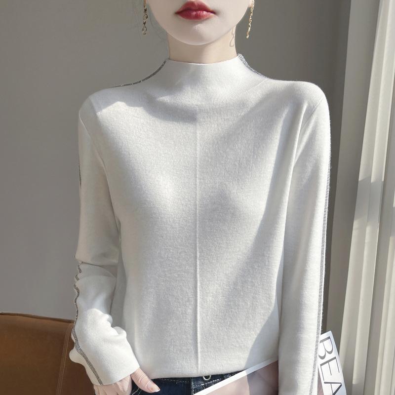 Semi-Turtleneck Bottoming Shirt, Spring New Slim-Fitting And Thin Knitted Sweater, Diamond-Encrusted Wool Inner With Long-Sleeved Top