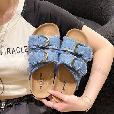 New Summer 2025 Open Toed Fringe Flat Shoes Comfortable Women Outdoor Belt Buckle Canvas Sandals Platform One Word Slippers