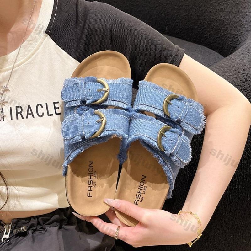 Fashion New Summer 2025 Open Toed Fringe Flat Shoes Comfortable Women Outdoor Belt Buckle Canvas Sandals Platform One Word Slippers