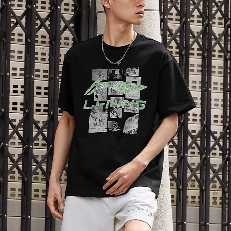 Li-Ning Retro Logo Print Crew Neck Short Sleeve Drop Shoulder T-Shirt Men Tops Black AHST725-1
