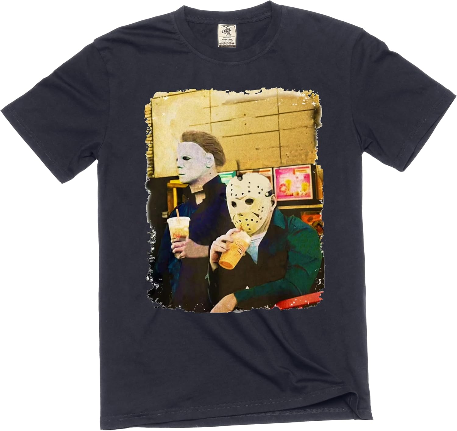

Halloween Movie Inspired T-Shirt Michael Myers Drinking Coffee Funny Humorous Tee for Him 5XL різнокольоровий