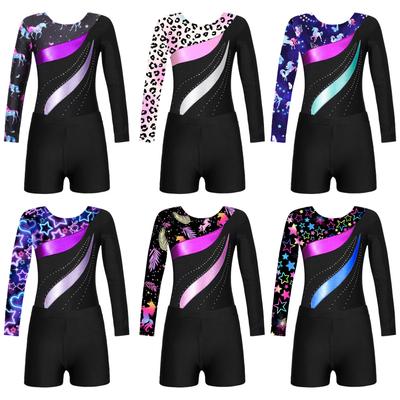 Kids Girls Long Sleeve Round Neck Shiny Rhinestones Decor Leotard with Shorts for Dance Gymnastic Workout