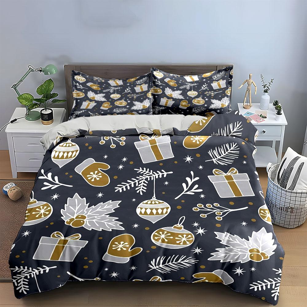 Christmas Gift and Ornament Pattern Bedding Duvet Cover Set Duvet Cover Pillowcases (1*Duvet Cover 2*Pillowcases, without duvet insert)