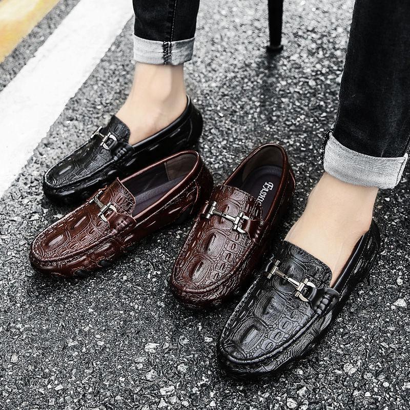 Men's Spring Alligator Pattern Leather Slip-On Shoes - Casual, Trendy, Soft Sole Driving & Work Shoes