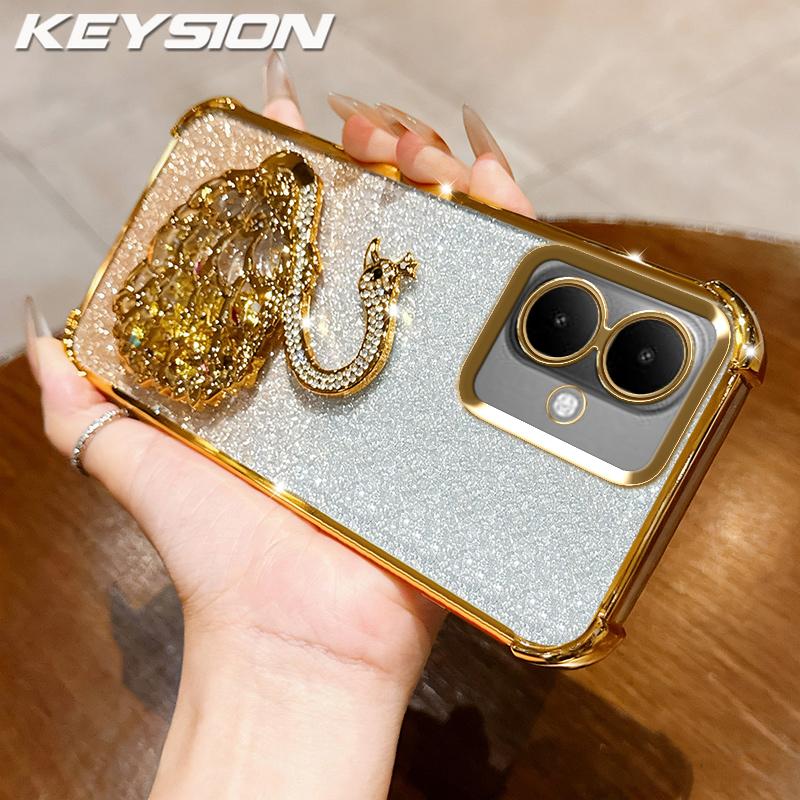 KEYSION Shockproof Plating TPU Phone Case for TECNO Spark Go 2 Pop 10 Glitter Jewelled Swan Kickstand Cover for Infinix Smart 10