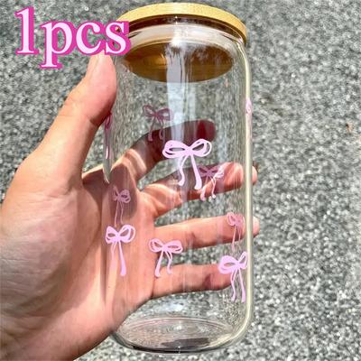500ml/16.9oz Sklenený pohár s čerešňovou mašľou v tvare zavařovacej fľaše s viečkom a slamkou na ľadovú kávu, džús, pohár na pitie, darček