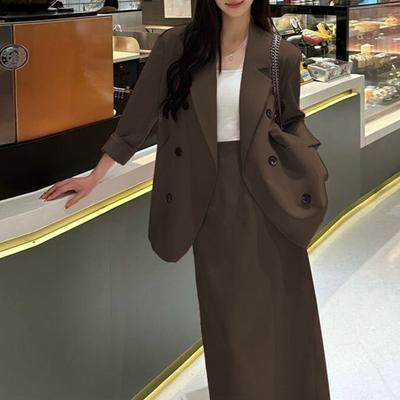2 Pcs/Set Women Suit Coat Skirt Set Double-breasted Long Sleeve Lapel Mid