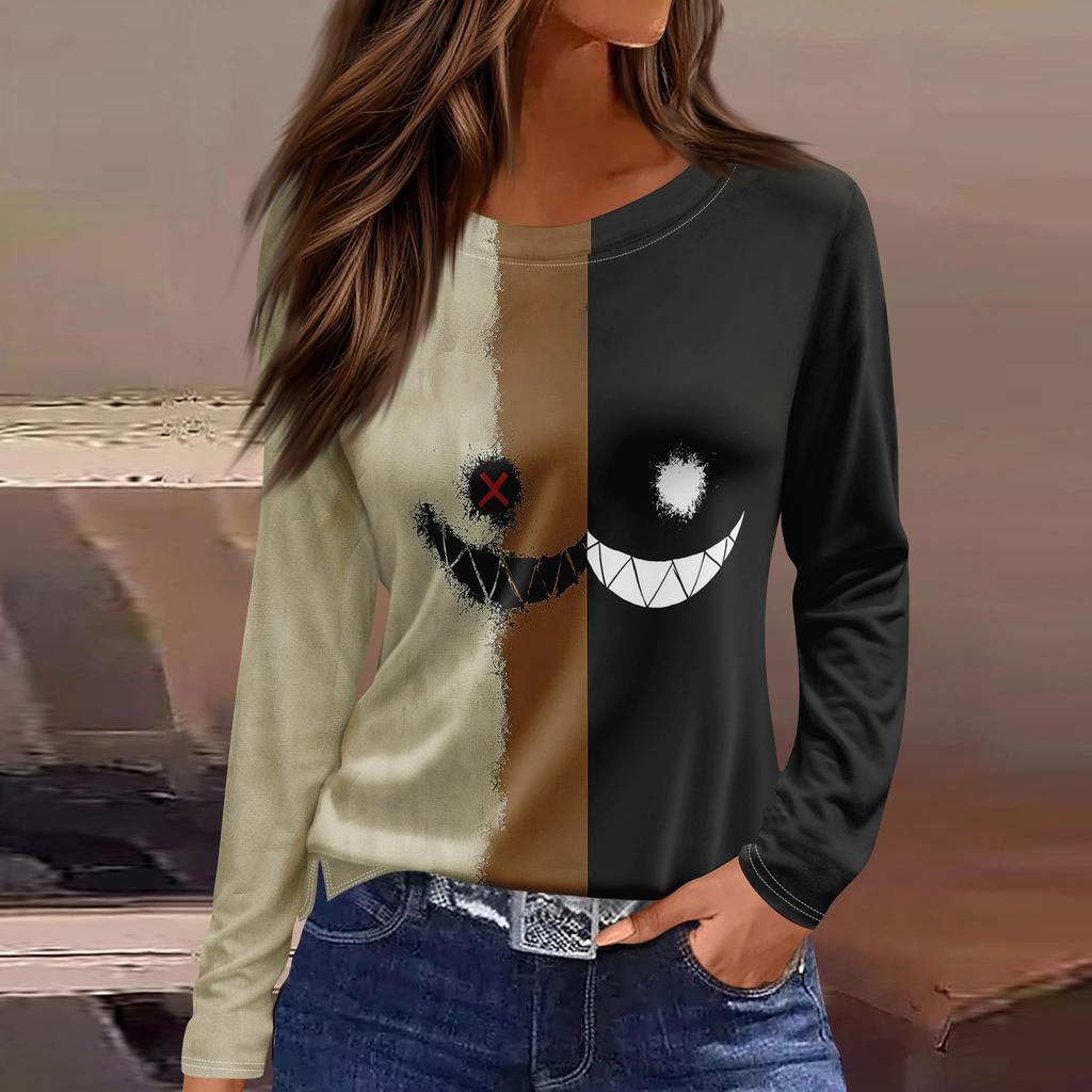 Women's Halloween Print Long Sleeve Top with Round Neck and Hem Slit for Casual Party Wear