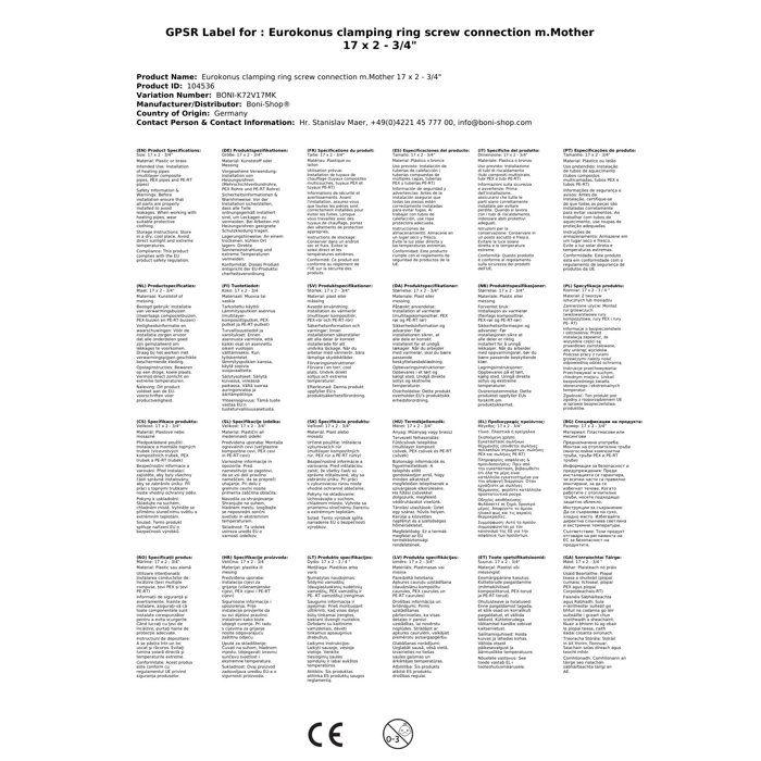 Eurokonus Compression Fitting with Nut 17 X 2 - 3/4"
