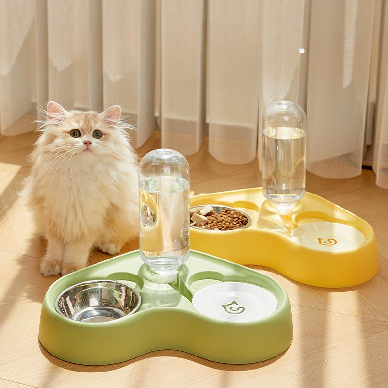 Cat Feeder Water Bowl Combination Automatic Pet Drinking Bowl Food and Water Two in One Stainless Steel Cat Bowl