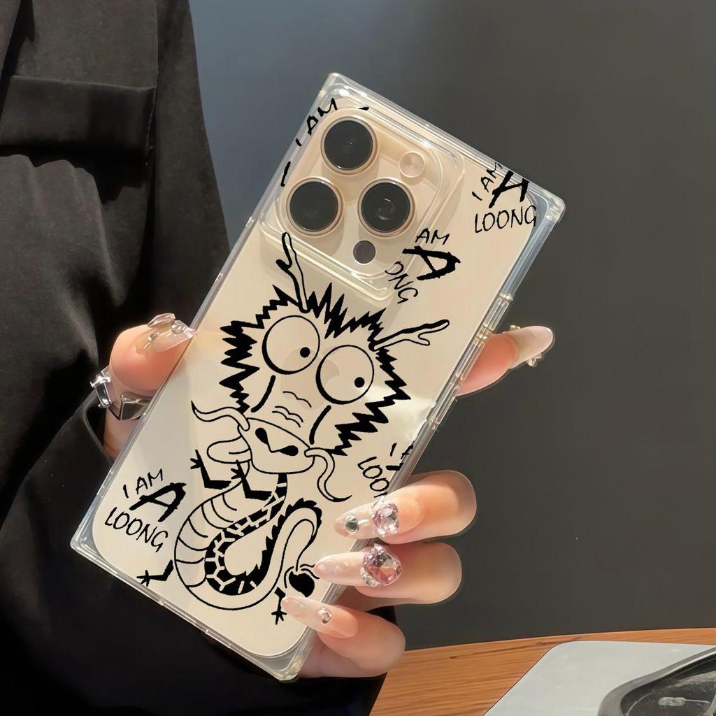 Transparent Square Back Tube Case Casing Protection For iPhone 16 ProMax 15 Plus 13 12 11 14 Pro Max Anti-Oxygen,Funny Dragon Pattern