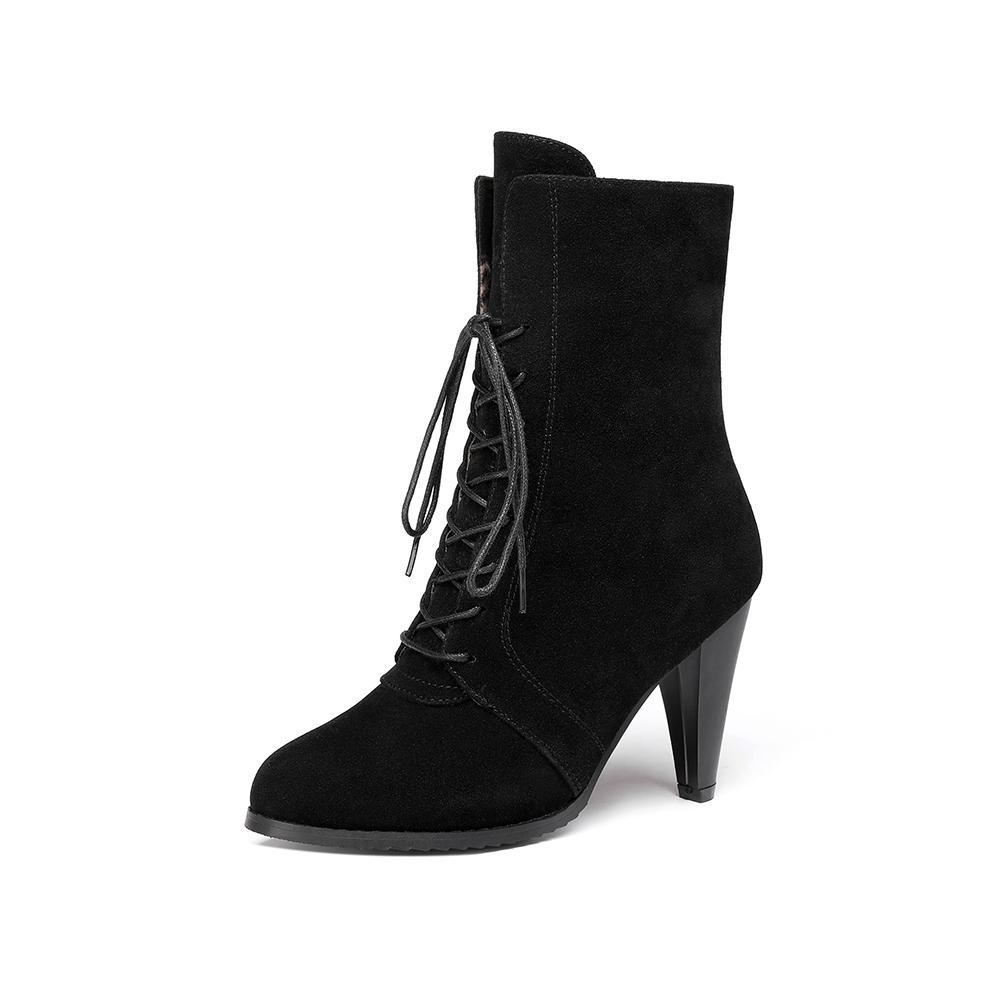 Black Brown Women Mid Calf Boots Pointed Toe High Heel Big Size 45