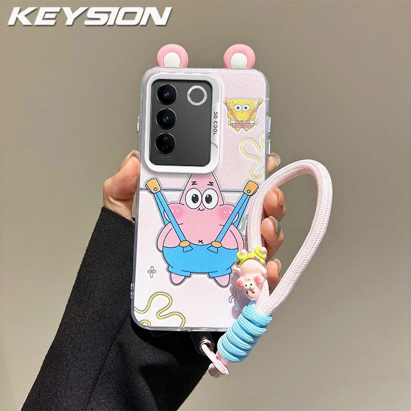 KEYSION Cute Ear Cartoon Case for VIVO V27 5G with Lanyard Soft Silicone+PC Shockproof Phone Back Cover for VIVO V27 5G