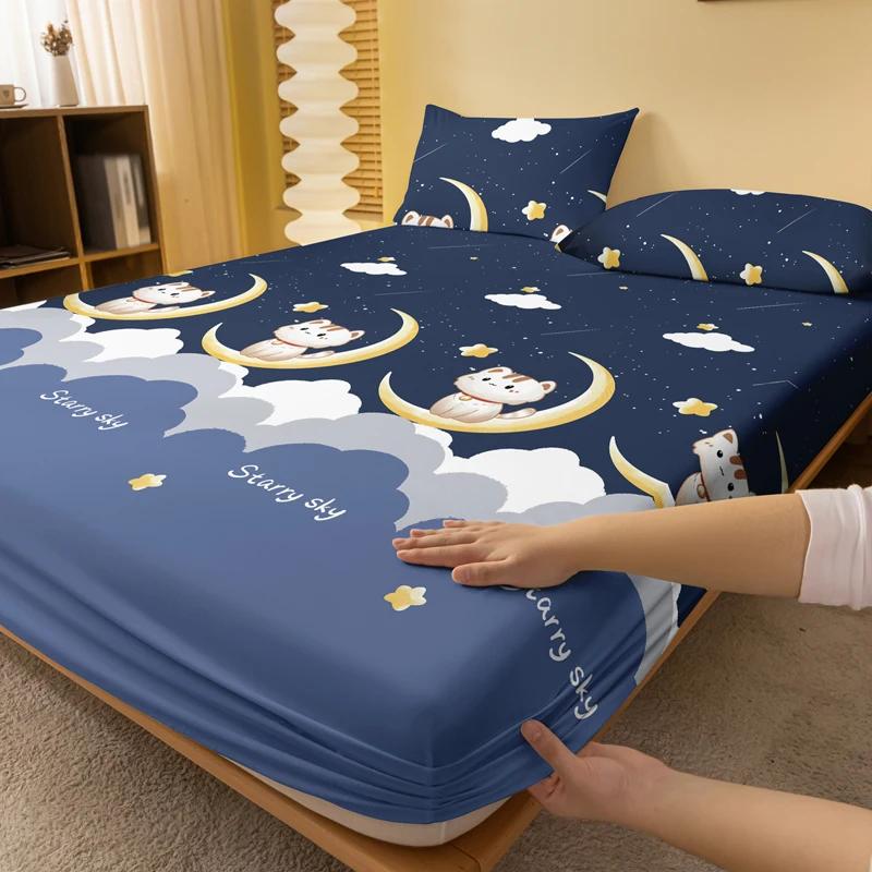 Cartoon 1 Cute Animal Cat Printed Matte Fitted Sheet, Bedroom Printed Bed Cover, Bedding Excluding Pillowcases