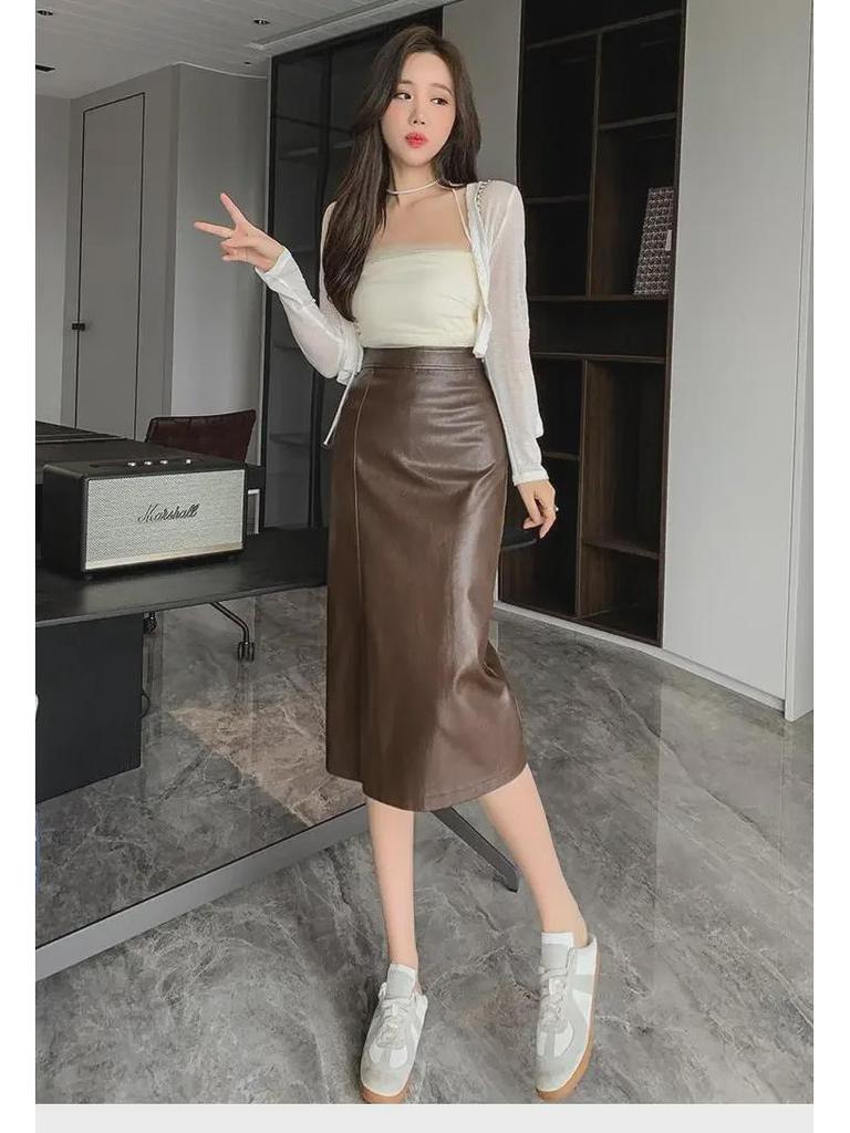 2024 Autumn/Winter High-Waisted PU Leather Bodycon Midi Pencil Skirt