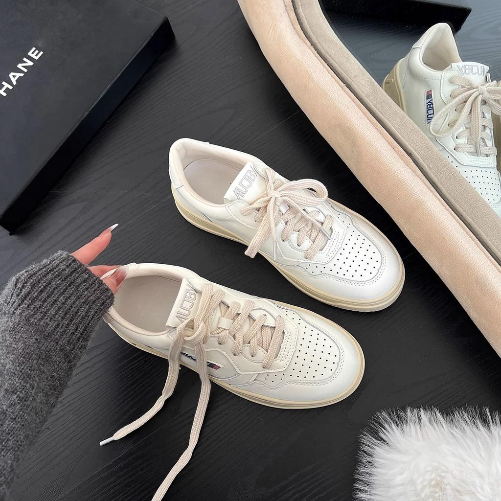 Leather platform white shoes women's 2025 new Korean niche versatile sports and leisure shoes retro ins tide board shoes