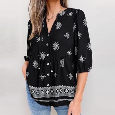Shirt Loose Fit V Neck Printed Button Placket Shirt Tops Half Sleeve