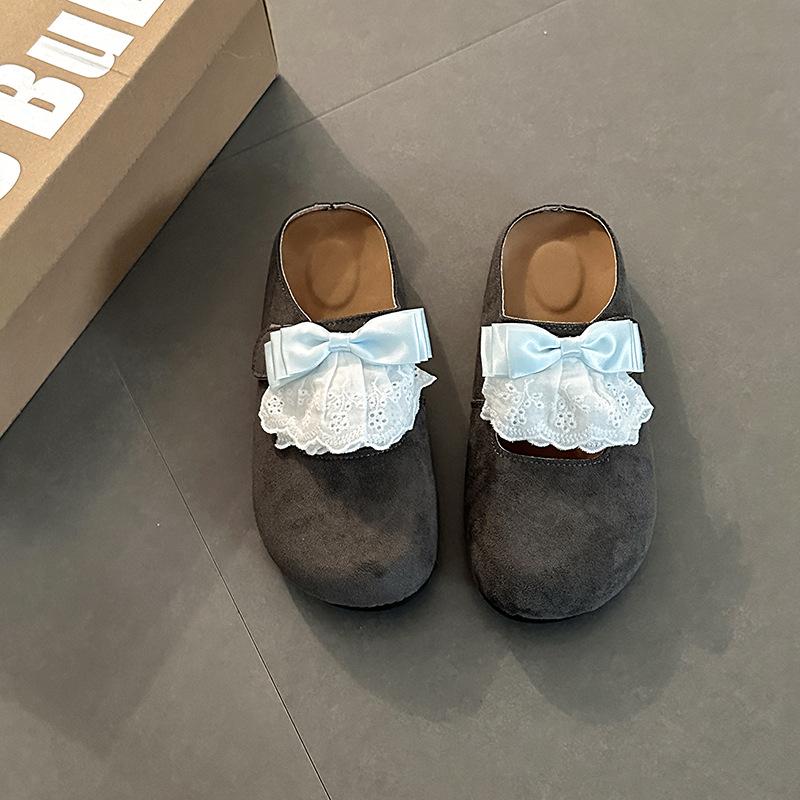 Lace bow fashionable versatile retro bag head half slippers women wear new summer shoes