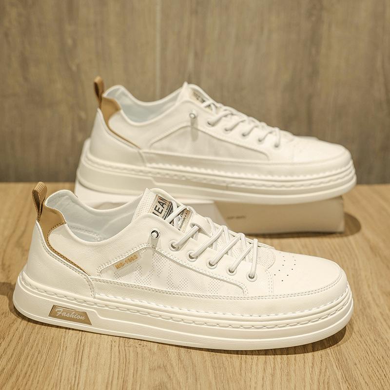 Breathable Men's Flat Bottom Casual Shoes Summer New Style Sporty Trendy White Synthetic Leather Sneakers Rubber Outsole
