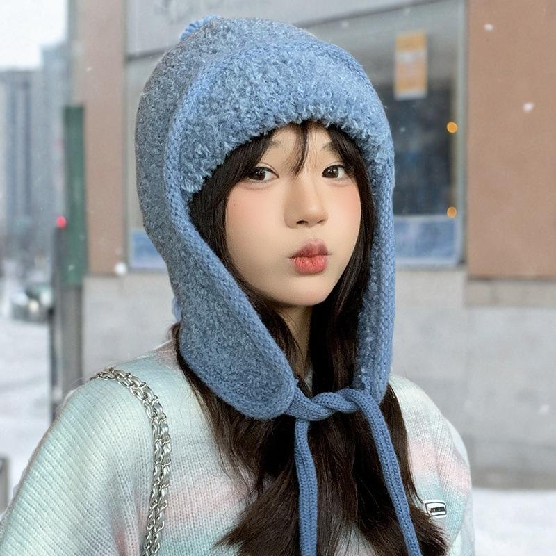 New Autumn and Winter Knitted Hat Outdoor Cold Proof and Warm Woolen Hat Korean Style Lamb Wool Versatile Small Ear Protection Hat with A Face