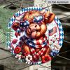 2D Flat, 1pc Patriotic Highland Cow Metal Wall Decor - Flag Colors (Red, ) - Heavy-Duty Aluminum Plate - Round Decoration for 4th of July, Father'S
