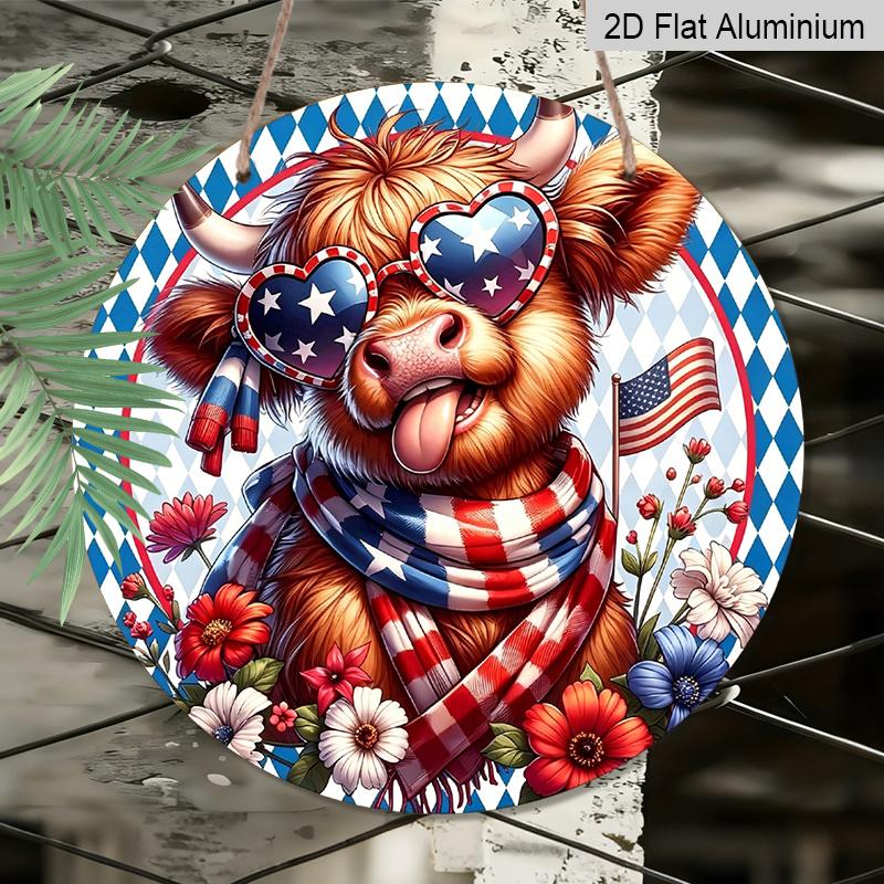 2D Flat, 1pc Patriotic Highland Cow Metal Wall Decor - Flag Colors (Red, ) - Heavy-Duty Aluminum Plate - Round Decoration for 4th of July, Father'S