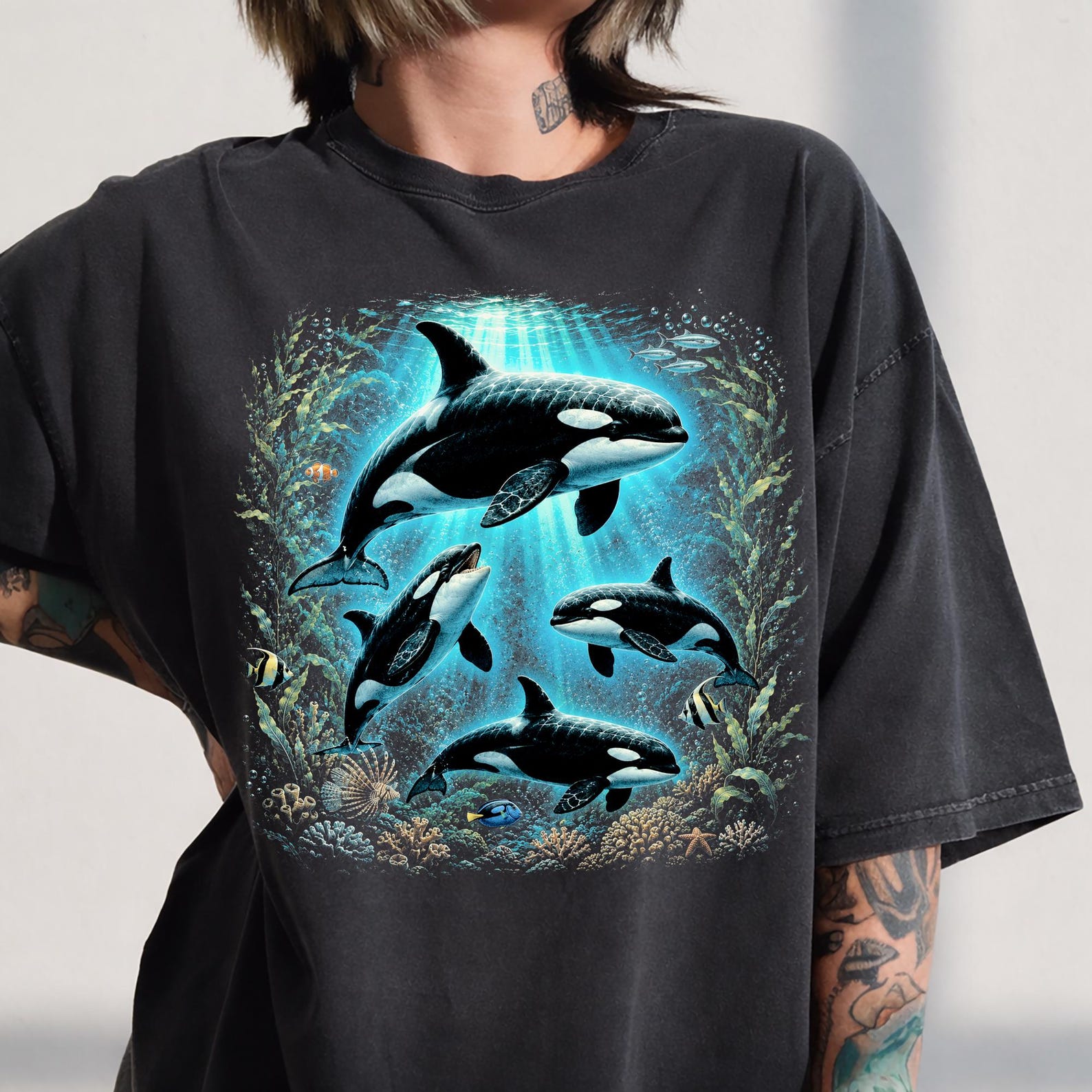 Orca Whale Ocean Shirt, Vintage Marine Life Tee, Retro Killer Whale Graphic, Coastal Wildlife Nature Gift, Moonlight Ocean Lightning Tee XL