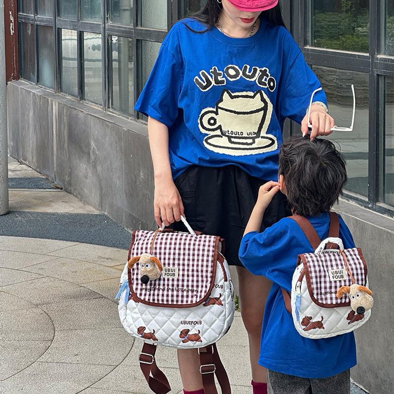 Puppy Dog Printed Checkered Pattern Children Backpack Suitable Parent Children