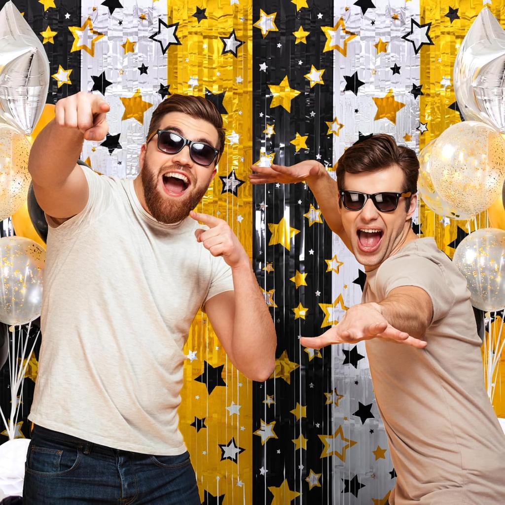 LOLStar New Years Eve Party Supplies 2026, 2 Pack Black Gold Silver Star Pattern New Years Decorations 3.3X6.6 Ft Foil Fringe Curta NYE Backdrop