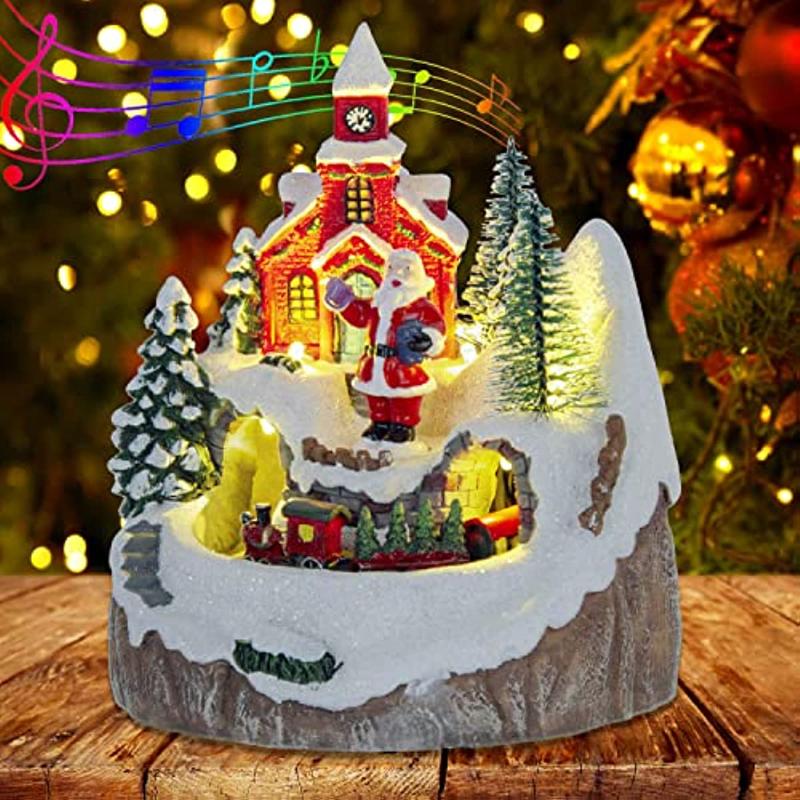 Christmas Village Decoration with Moving Train & Santa Claus - LED Light-Up Musical Indoor Holiday Display Church House Theme
