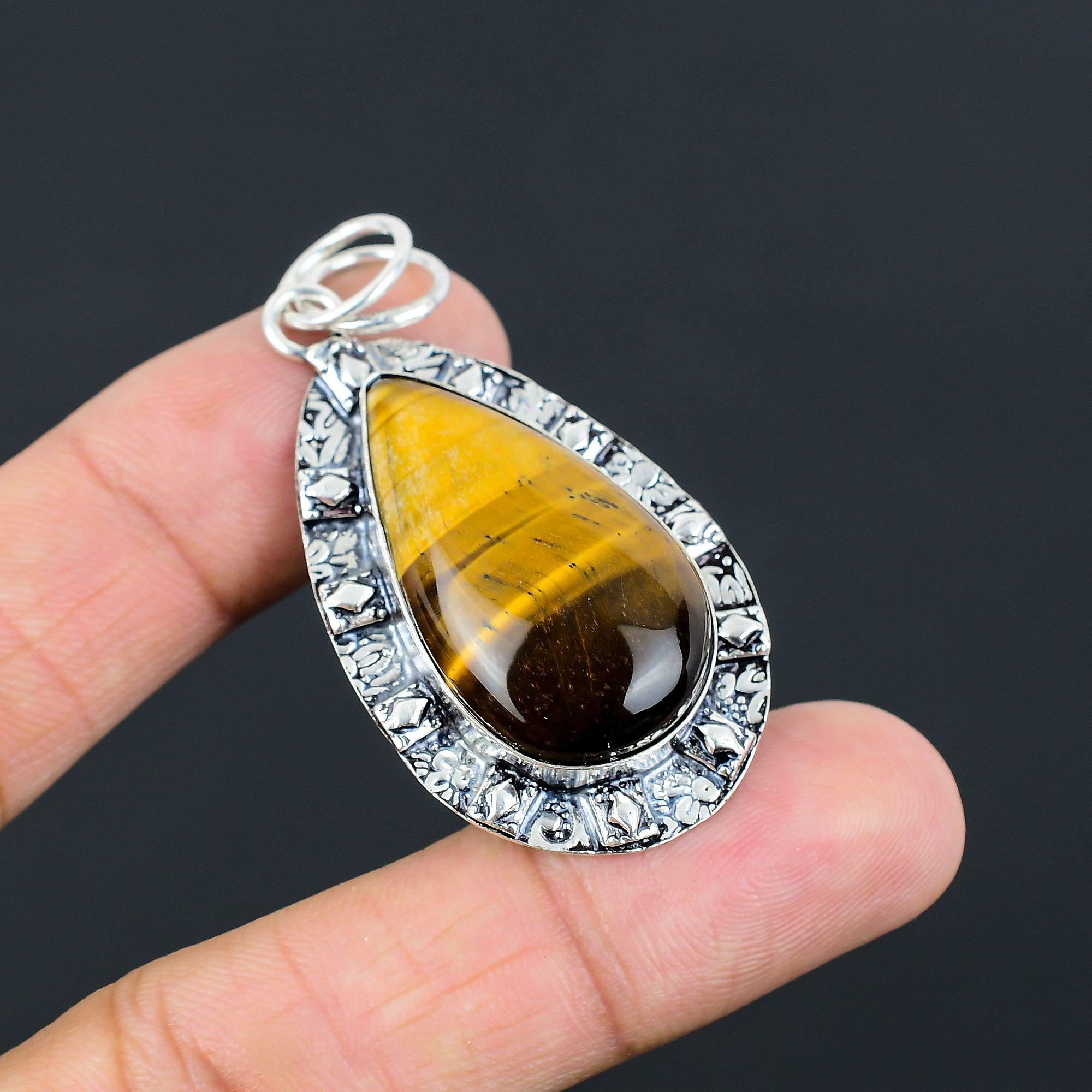Mothers day Deal 925 Sterling Silver Pear Tiger Eye Stone Unique Pendant Jewelry
