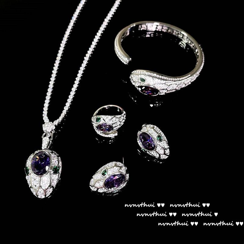 Original Women Sparkling Amethyst Snake Head Wedding Jewelry Sets White Gold Plated Banquet Ring/Earring/Necklace/Bracelet Chain
