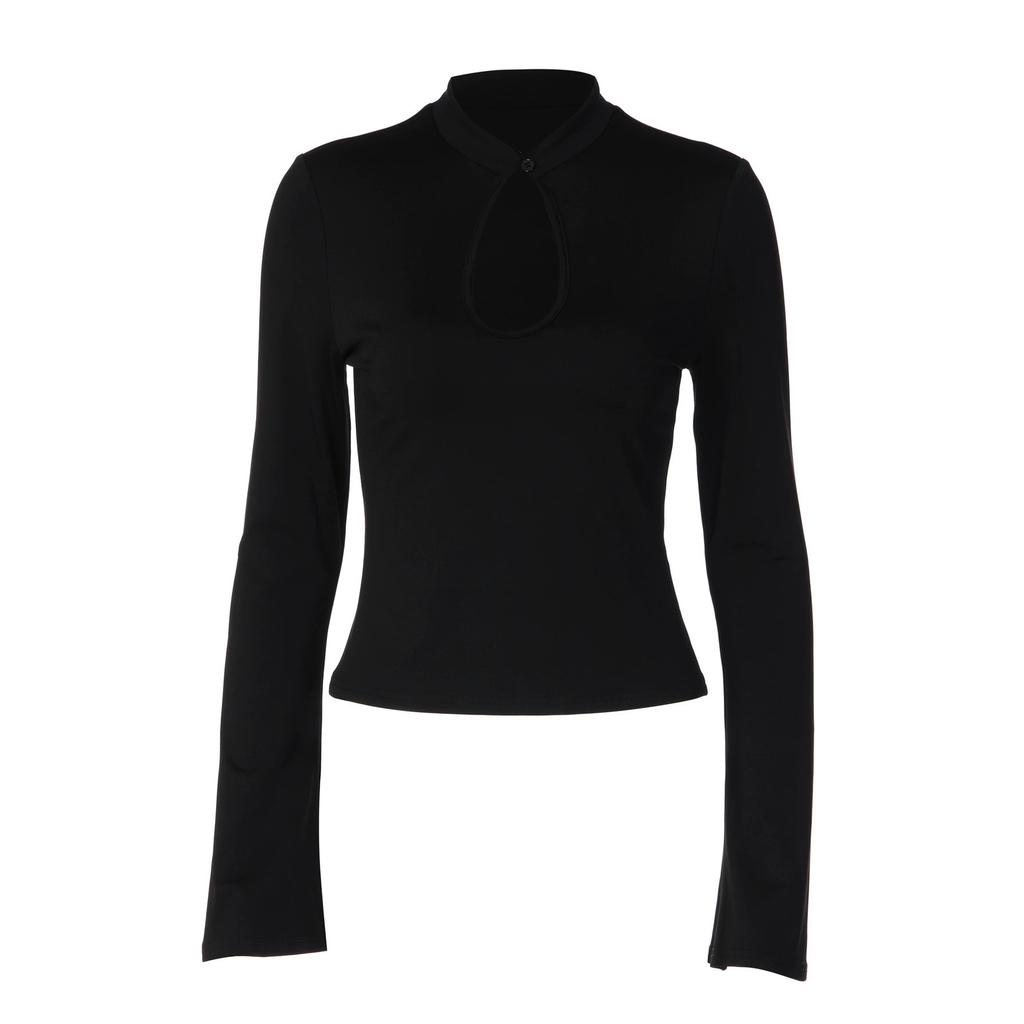 French hollow solid color bottoming shirt women's summer slim and thin stand-up collar long-sleeved T-shirt top wholesale
