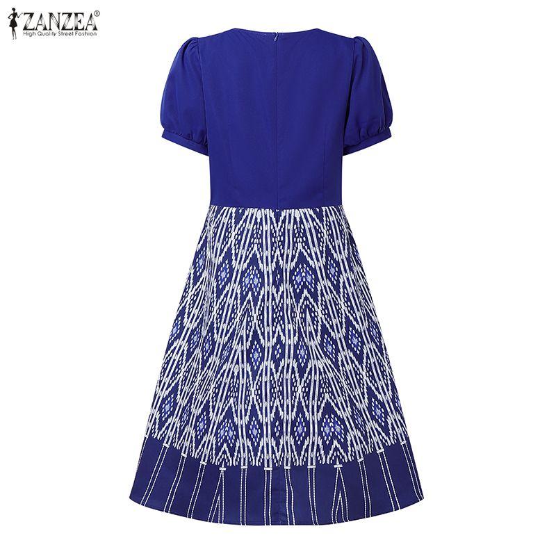 ZANZEA Damen Lässig Rundhals Sommer Kurzarm Print Kleid