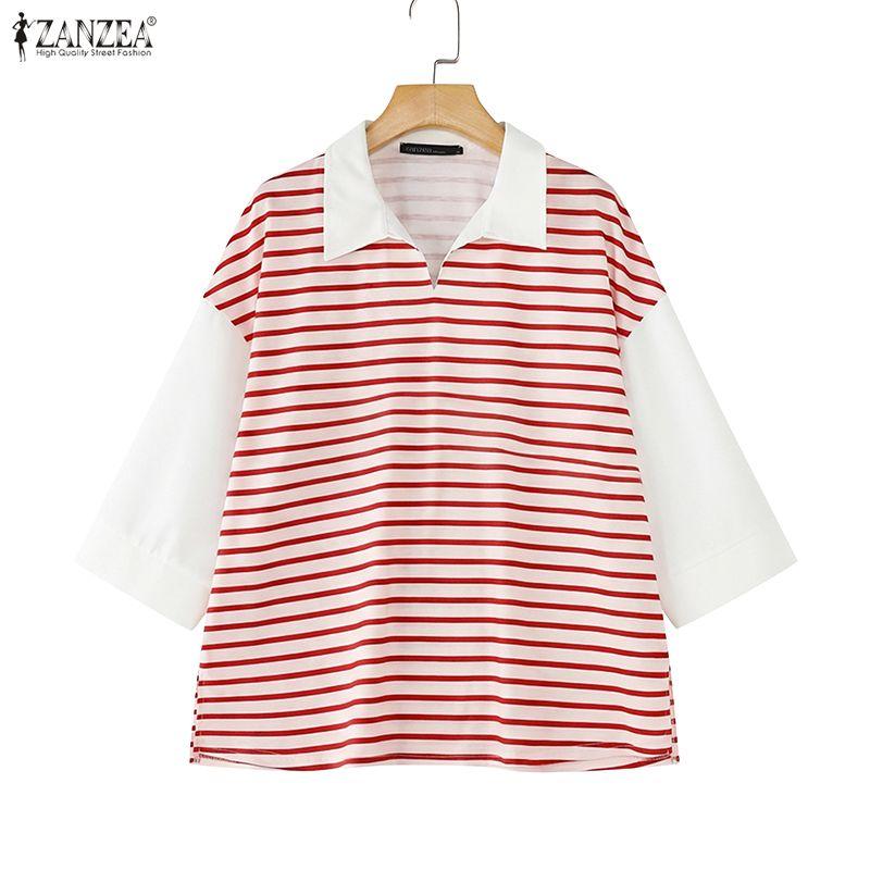 ZANZEA Women Turn Down Collar Casual Stripe Splice 3/4 Sleeve T-shirts Blouse