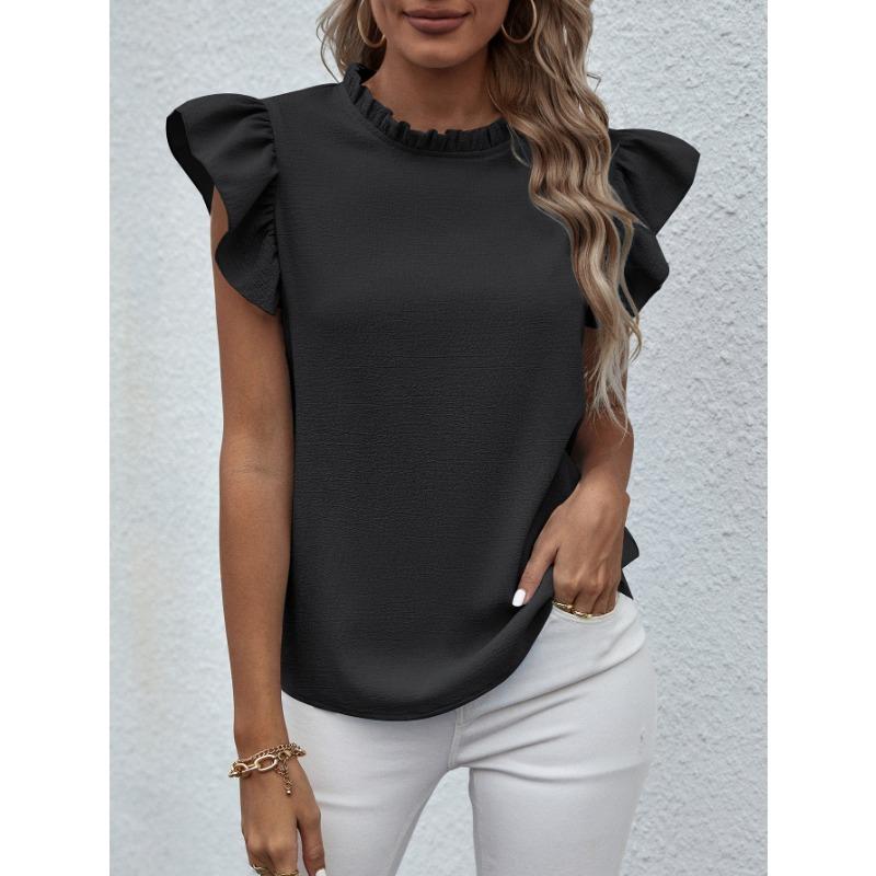 Women Short Sleeve Ruffled Round Neck Blouse