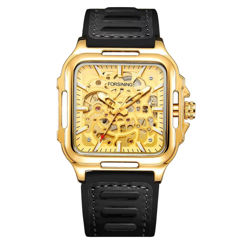 Forsining Square Dial Skeleton Watch Automatic Watch for Men Luxury Sports Mechanical Wristwatch Waterproof Luminous Leather Band