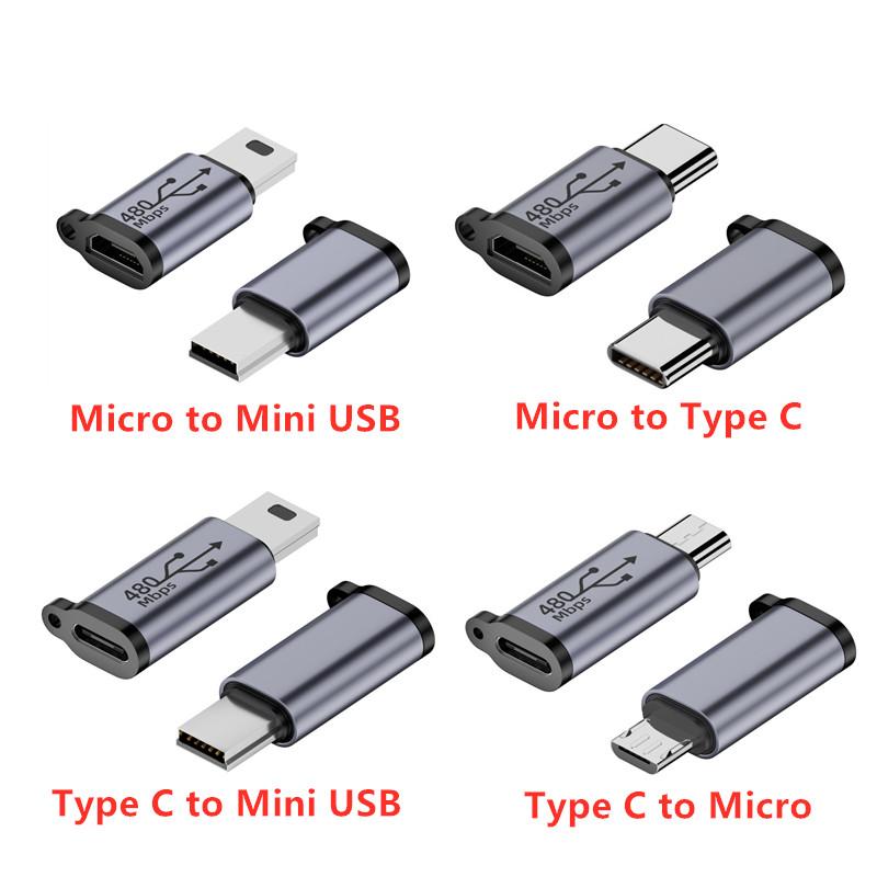 USB Type C na Mini USB MicroUSB Adaptér Micro USB na TypeC Mini USB Převodník Konektor Podpora Nabíjení Synchronizace Dat 480Mbps 18W
