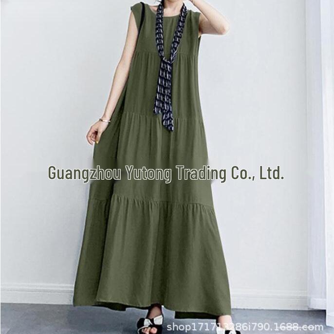 2024 Summer Literary Women's Cotton Linen Casual Round Neck Swing Dress