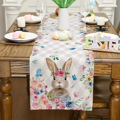 1pc Easter Table Runner, Bunny Rabbit Flowers Leaves Pink BuffaloPlaid Table Kitchen Dining Decoration For Indoor, Party Decor
