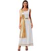 Womens Greek Roman Tunic Dress Square Neck Sleeveless Gold Trim Metallic Shiny Drape Robe Toga Halloween Costume